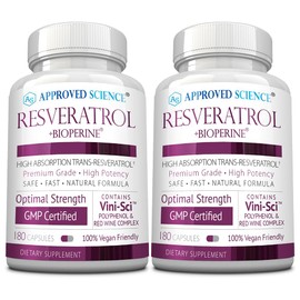 Approved Science® Resveratrol - 1000 mg of Trans Resveratrol - 250 mg of Polyphenol - 98% Purity Level - Includes Bioperine® - 380 Vegan Friendly Capsules - 2 Bottles