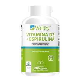 Wellthy Vitamina D3 400 unidades + Espirulina 300 Cápsulas. Reforzado con 535mg de Alga Espirulina, VCaps Cápsulas Veganas, 10 Meses de Consumo.