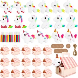67 Pcs Unicorn Party favors Include 16 Mini Plush Unicorn Keychains 16 Foldable Boxes 16 DIY Cards 1 Hemp Rope 18 Coloured Watercolor Pens for Girls Adopt a Unicorns Party Favors Birthday Gifts