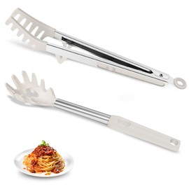 Zattic Silicone Spaghetti Spoon and Pasta Tong, Heat-Resistant Noodle Spoon Server, 13“ BPA-Free Spaghetti Strainer, Fork with Teeth and Stainless Steel Handle, Food-Grade Clip for Pasta, Beige