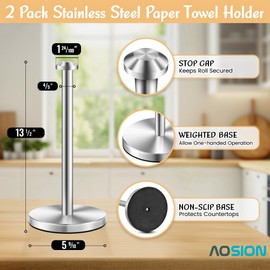 AOSION 2 Piece Stainless Steel Weighted Paper Towel Holder Countertop, Silver Vertical Kitchen Bathroom Paper Towel Holder, with Non-Slip Base