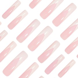 White French Tip Long Square Press on Nails Curved Nail Tips White Fake Nails Unique False Nails with Glitter Designs Elegant Stick on Nail Glossy Glue on Nail for Women Girls 24Pcs