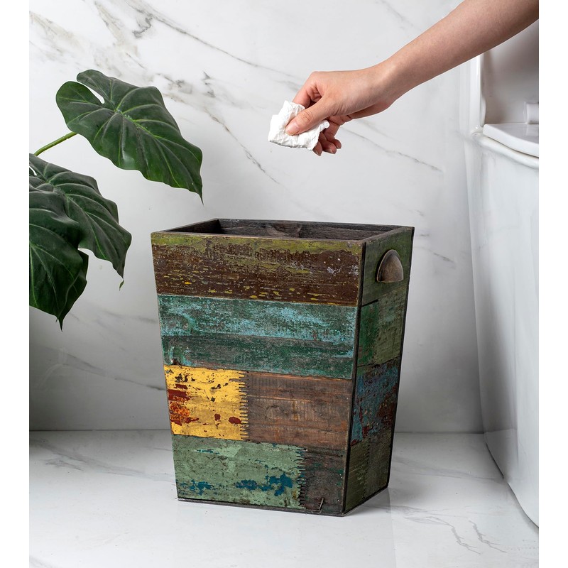 TIMRIS Small Wood Trash Can Wastebasket, Farmhouse Rectangular Garbage Can