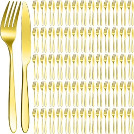 Nuenen 150 Pcs Stainless Steel Set Include 75 Dinner Forks and 75 Knives, Metal Steak Knives Forks Flatware Tableware Cutlery Set for Home Restaurant Hotel, Mirror Polished, Dishwasher Safe (Gold)