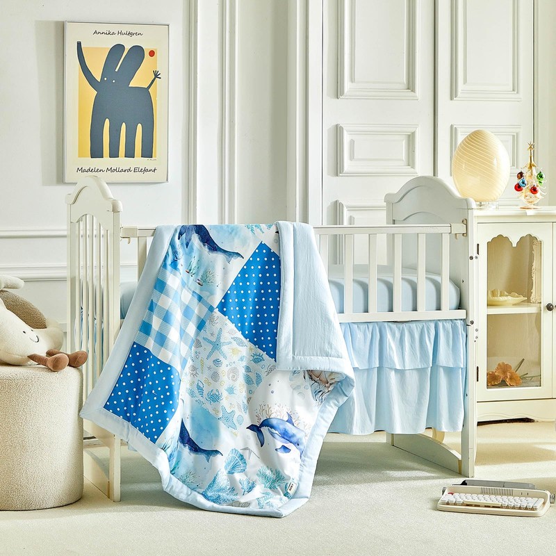 Patchwork Crib Bedding Set Blue Ocean Plaid Design 3 Pieces