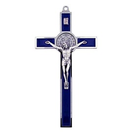 VILLAGE GIFT IMPORTERS 8" Extra Large Saint Benedict Crucifix | 7 Colors | Perfect Wall Cross | San Benito Medal | Christian Home Goods (Blue)