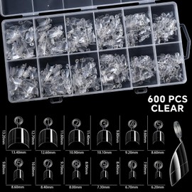 Rolabling Short Press On Nails 600PCS Half Cover Acrylic Nail Tips for Gel Extensions Clear False Nails Kit with 12 Sizes Extra Short Length Salon & DIY Manicure Supplies (02#)
