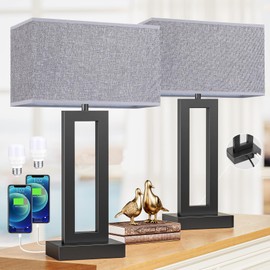 22" Tall Modern Living Room Lamps - Touch Bedside Lamps with USB C+A, 3 Way Dimmable for End Tables - Set of 2 (Grey & Black)