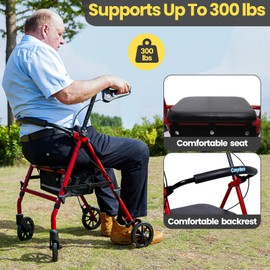 Cosydora Walkers for Seniors, Foldable Rollator Walkers with Seat, 6" All-Terrain Wheels, 350 lb Weight Capacity, Adjustable Handles and Seat Height, Lightweight Rolling Walker, Gloss Red