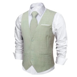 DiBanGu Mens Casual Suit Vest Sage Green Linen Vest for Men Solid Color Waistcoat Tie Pocket Square Cufflinks Wedding XL