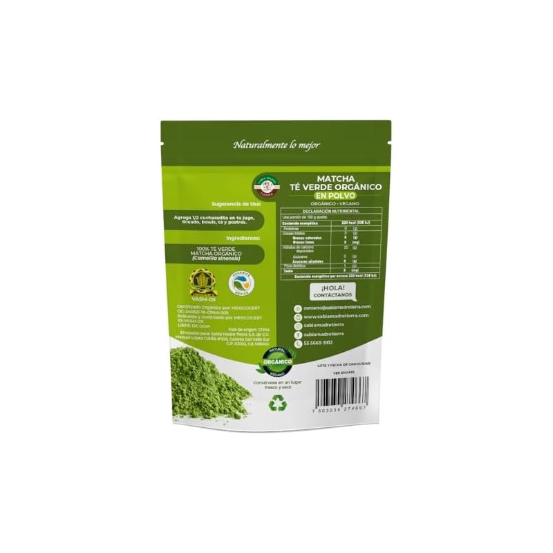 SABIA MADRE TIERRA Té Matcha Orgánico Certificado 100g, 100 Puro,