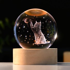 IFOLAINA Crystal Ball, Cat, Cute, Birthday Gift, 3D Cat, Crystal Ball, Wooden Base, Bedside Lamp, Indirect Lighting, For Men, Women, Mother, Wife, Girlfriend, Fashionable Present, Healing Goods, Atmosphere, Decoration, Friends, Moving, Graduation, Annive