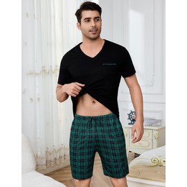 Bresdk Men's Pyjamas Short Cotton Summer Set for Men Sleepwear Checked, Black M216