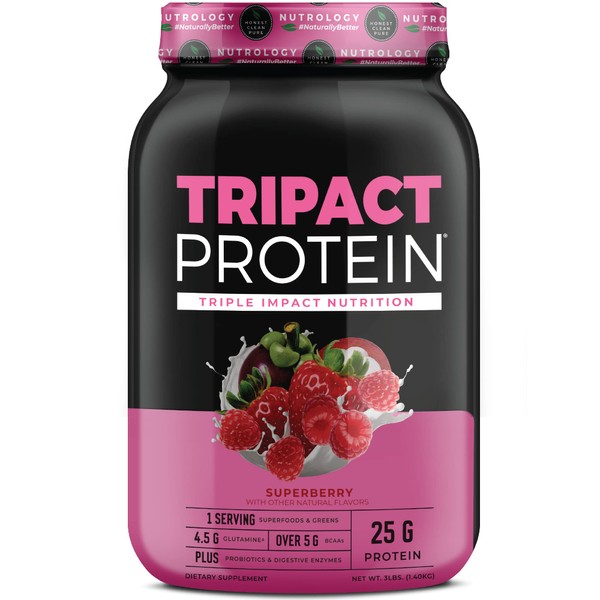 TRIPACT Protein - Premium Nutrition Shake - Non-GMO Grass Fed Whey Protein, Plant Proteins, Greens, Superfoods & Probiotics - Over 5g BCAAs - Superberry 3 lb.