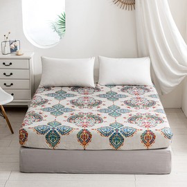 Damier Boho Fitted Sheet, 200 x 200 cm, Bohemian Indian Mandala Fitted Sheet, Soft Microfibre Box Spring Bed Sheet Suitable for Mattresses of 30 cm