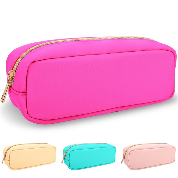 Nylon Small Makeup Bag Slim Pencil Pouch, Preppy Cute Pencil Case Makeup Bag Cosmetic Zipper Pouch for Purse, Waterproof Travel Toiletry Bag Clutch Coin Pouch Makeup Organizer for Women Girl(Hot Pink)