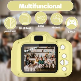 Cámara para Niños, Mini Cámara Digital de Video y Foto Selfie, Juguete Camara Fotográfica Infantil con 1080P HD y Pantalla IPS de 2.0, Soporta Tarjeta de Memoria de 32G, Regalo de Cumpleaños,Amarillo