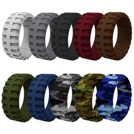 Mens 9mm Wide Tire Pattern Silicone Wedding Band 10pcs set Black Brown Camo Blue Rubber Rings - US Size 7-14 (10)