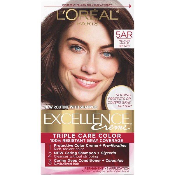 L'Oreal Paris Excellence Creme Permanent Triple Care Hair Color, 5AR Medium Maple Brown, Gray Coverage For Up to 8 Weeks, All Hair Types, Pack of 1