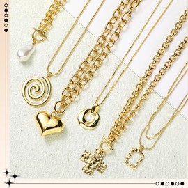 Misdary 6pcs Chunky Gold Necklace Set 14k Statement Gold Necklace Heart Pearl Spiral Pendant Trendy Jewelry for Gifts on Birthday Holidays Women