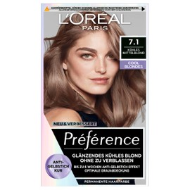 L'Oréal Paris Permanent Hair Colour, with Cool Colour Result, Set with Préférence Cool Blondes Colour and Anti Yellow Tint Care Balm, No. 7.1, Cool Medium Blonde (Hamburg), 1 Piece