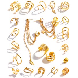 KISS WIFE 22Pcs Gold Ear Cuffs Earrings for Women Non Piercing Lightweight, Adjustable Hypoallergenic Fake Clip On Cartilage Butterfly Chain Twist Helix Leaf Wrap Earrings Set, Trendy Jewelry (Gold)