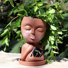 Meltset M Face Planters Pots Head for Indoor Outdoor Plant Unique Head Planter Holding Book Confessional Girl Face Flower Pot with Drainage for Succulent Cactus String of Pearls Plant Gift (Brown)