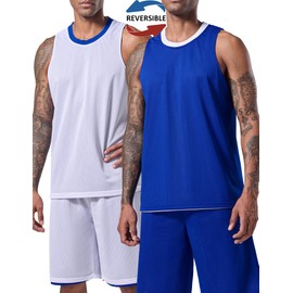 1 Set of Men's Reversible Basketball Jersey and Shorts, Double-Sided Custom Athletic Uniforms for Team Sports Practice (Blue/White, X-Large)