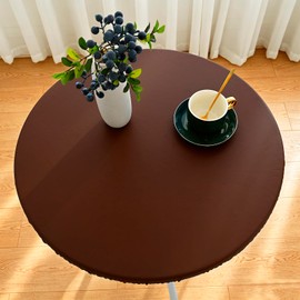 vctops 100% Waterproof Pu Leather Round Table Cloth Cover, Oil Proof Wipeable Elastic Fitted Tablecloth, Windproof Washable Table Protector for Picnic, Camping, Outdoor (Coffee,35")
