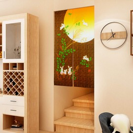 LIGICKY Japanese Doorway Curtain Noren Cute Rabbit Under Moon Home Decoration Brown 33x59inch
