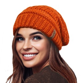 TOSKATOK Women's Warm Slouch Knit Winter Beanie Hat with Super Soft Velour Thermal Lining Ski Hat, orange