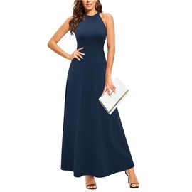 STYLEWORD Women's Summer Halter Neck Long Formal Dress Sexy Sleeveless Cocktail Evening Party Wedding Guest Maxi Dresses(Navy,XL)