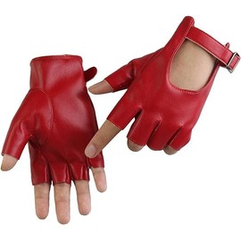 Women Fingerless Gloves - Half Finger PU Leather Gloves Motorcycle Cycling Driving Unlined Gloves (Red)