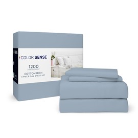 Color Sense 1200 Thread Count Queen Size Sheets Set Bluish Gray, Ultra Soft Cotton Rich Easy Care Sateen Bed Sheet, Moisture Wicking Deep Pocket Sheets (1 Flat Sheet 1 Fitted Sheet & 2 Pillowcases)