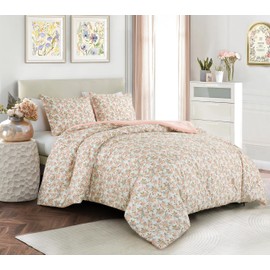 Chezmoi Collection Winika 3-Piece Floral Comforter Set Full - Multicolor Pink Red Green Gray Floral Flowers Printed Microfiber Lightweight Bedding Set for All Season