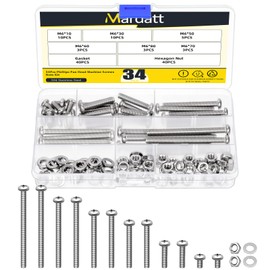Mardatt 34 Set M6 Phillips Pan Head Machine Screws Nuts Washers Assortment Kit, M6 x 10/30/50/60/70/80 mm 304 Stainless Steel Machine Screws Cross Head Screws Bolts