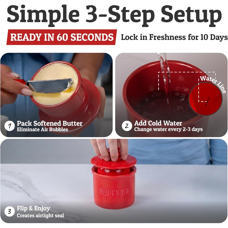 PriorityChef Butter Crock with Lid with Water Line, Ceramic French