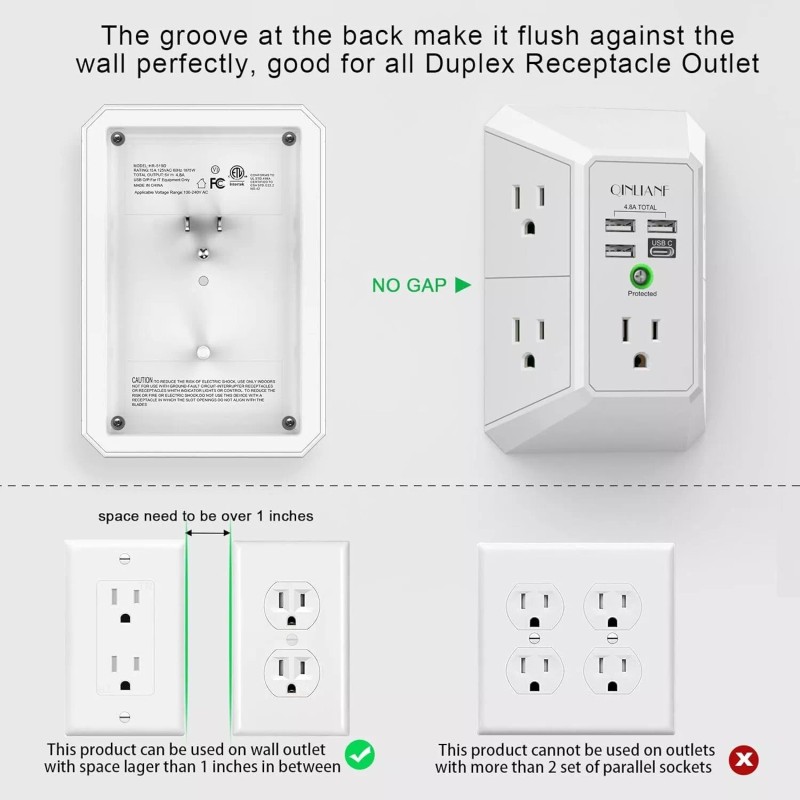 QINLIANF 5 Outlet Extender Surge Protector Multi Plug Wall Adapter