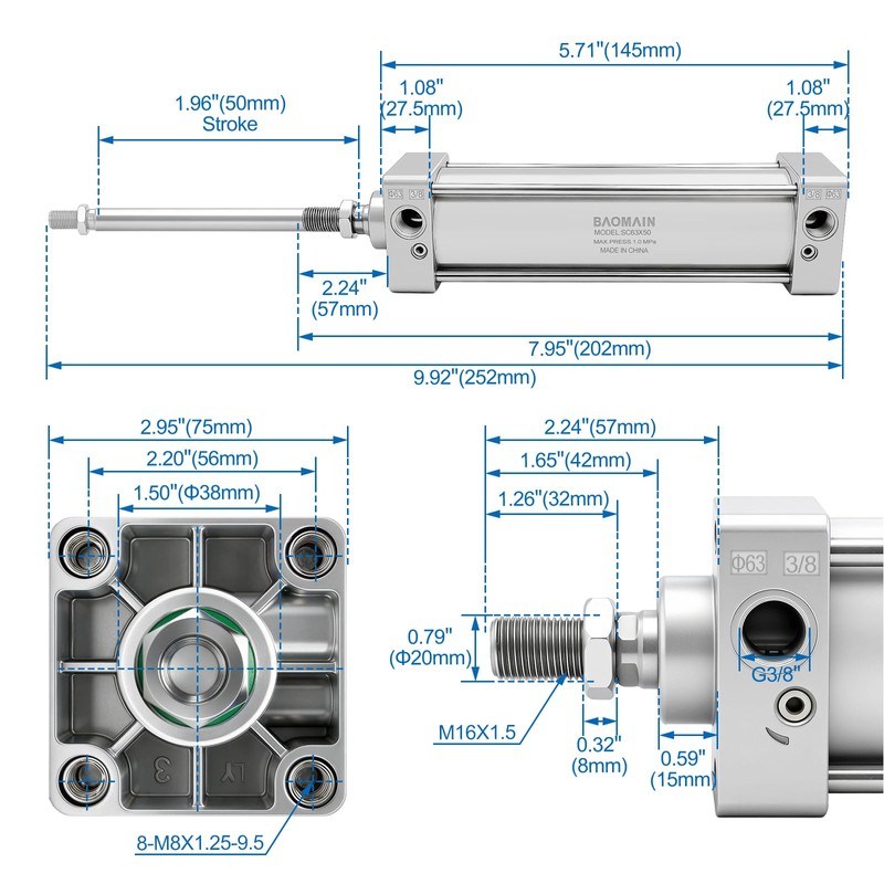 Baomain Pneumatic Air Cylinder SC 63 x 50, PT 3/8
