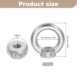 MECCANIXITY M5 Lifting Eye Nut, 304 Stainless Steel Ring Shape Female Thread Nuts Fastener for Engineering Port Marine Fixing Silver, Pack of 10