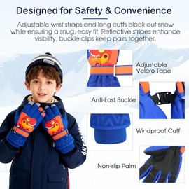 Guantes de invierno impermeables para niños, guantes de nieve, guantes de esquí para niños y niñas, resistentes al viento, diseño de dinosaurio azul real M