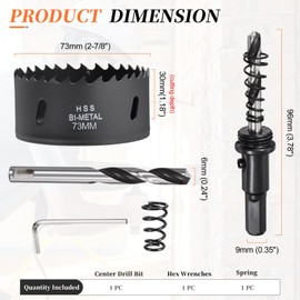 METALLIXITY Bi-Metal Hole Saw Kit 73mm (2-7/8"), M42 High Speed Steel Hole Cutter with Center Drill Bit, Hex Key and Spring - for Metal Sheet, Wood, Plastic Plate and PVC Board, Black