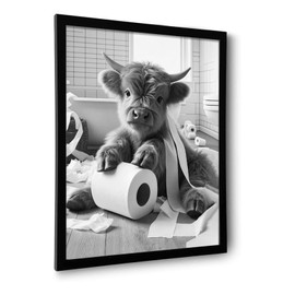 OIQArtOIQ Funny Bathroom Canvas Wall Art Black and White Framed Wall Art Highland Cow And Toilet Paper Art Prints Artwork For Restroom 8x10 in