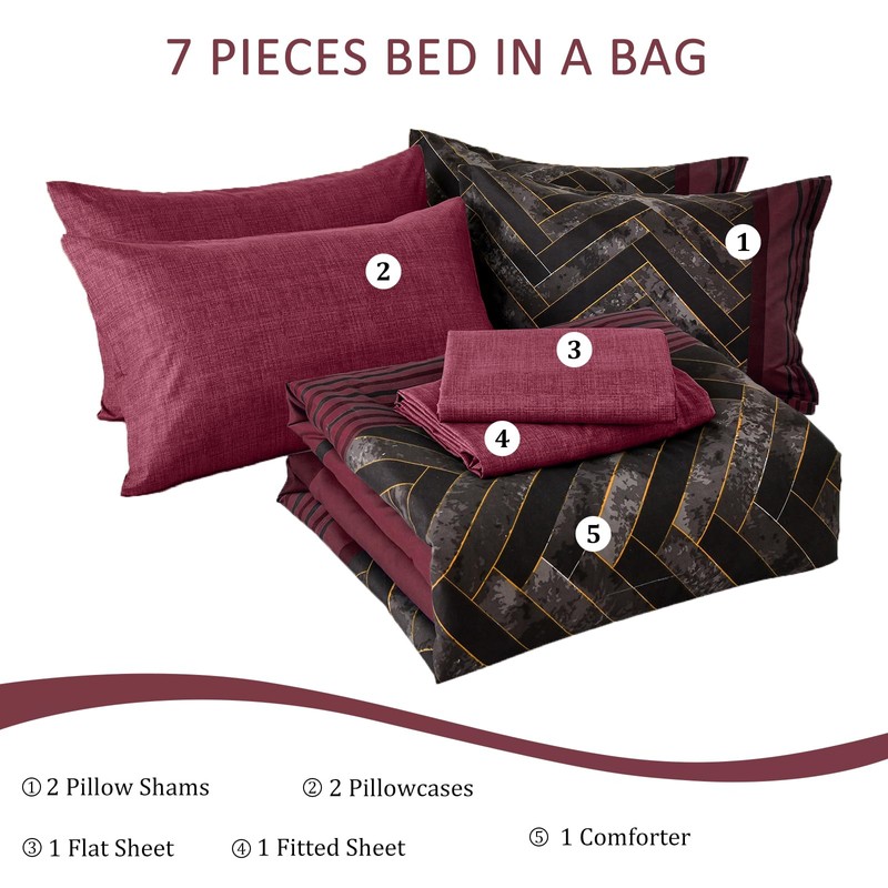 Luxudecor Burgundy Comforter Set Queen Size 7 Pieces Red and