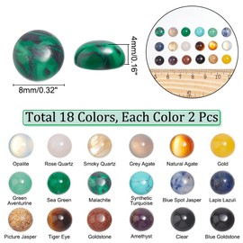 SUPERFINDINGS 36pcs 18 Materals Gemstone Cabochon 8mm Half Round Stone Cabochons Flatback Crystal Quartz Stone for Earring Necklace Jewelry Making