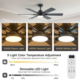 OURSTAR Ceiling Fans with Lights and Remote Control, Black Ceiling Fan with Light 3-Color LED Dimmable, Memory for Lighting and Fan Reversible, 6-Speed, Timer, Indoor/Outdoor Use, 52 Inch