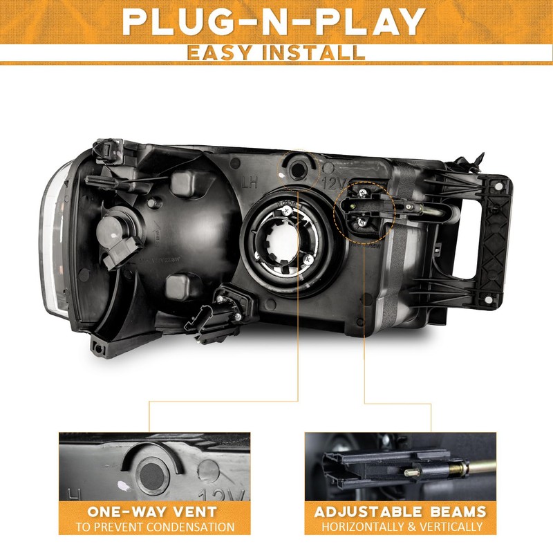 WEELMOTO Headlight for 02-05 Dodge Ram 1500 Pickup Headlamp for