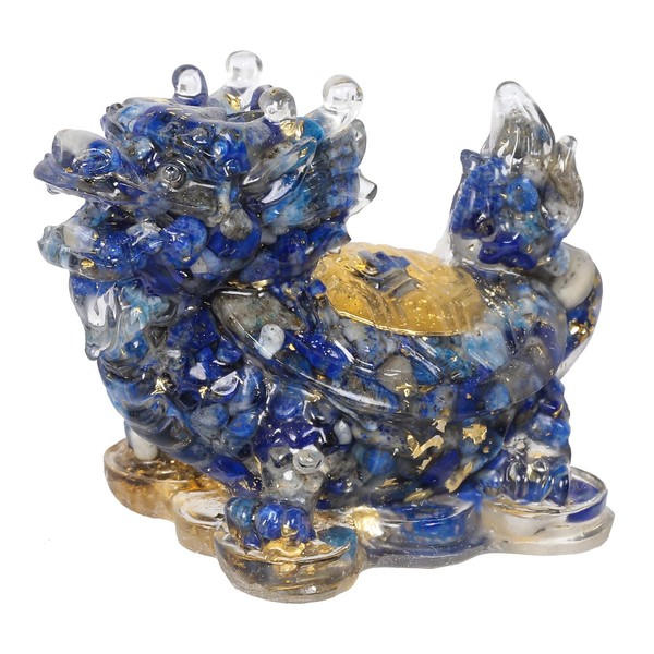 Nupuyai Lapis Lazuli Stone Dragon Turtle Crystal Figure, Resin Gold