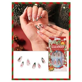 Wedity Pack of 24 Snow Christmas Tree Checker Pink Line French False Nail Acrylic Nail Press on Nail Ballet False Nails for Women Girls (A)