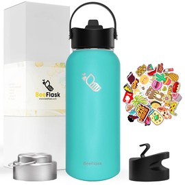 Bee Flask - Sports Water Bottle - 32 Oz, Includes 50 Cute Flask Stickers, 3 Lids (With straw), Vacuum Insulated, 308 Stainless Steel | Turquoise